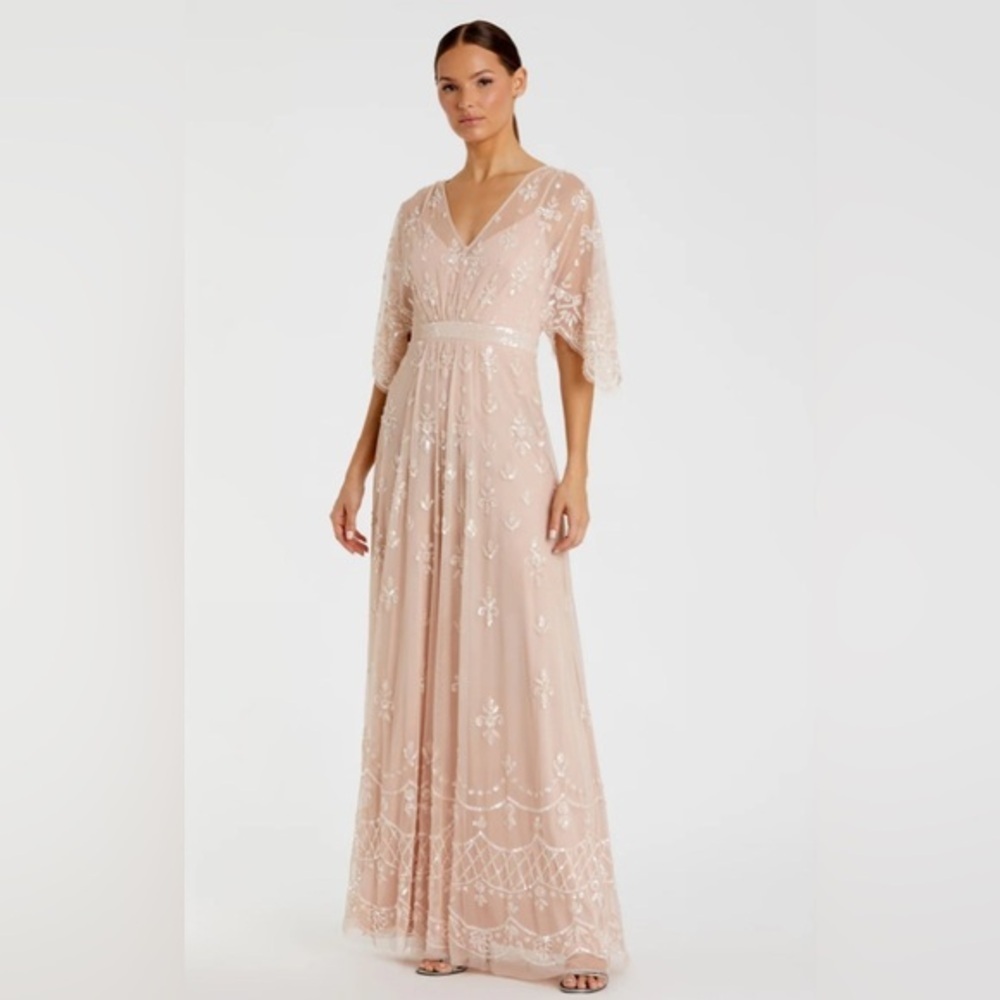 NWOT | Mac Duggal 9144 Pink/Blush Flounce Sleeve Embellished Mesh Gown Size 10